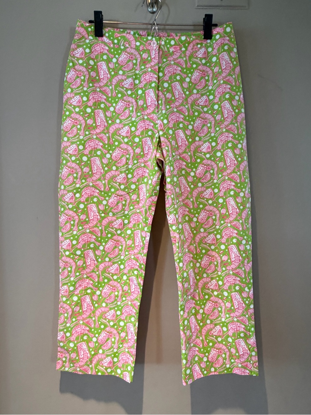 Vintage Lilly Pulitzer Pink & Green Shrimp Cocktail Capri Pants 10